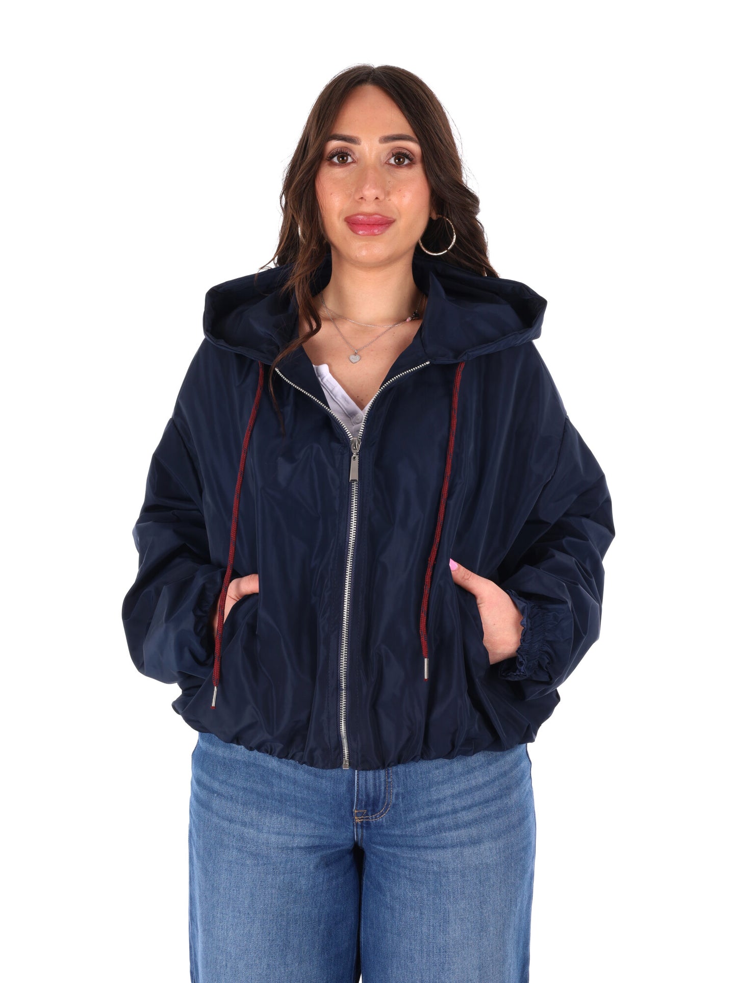 Giubbino cropped blu con cappuccio Miss Love da donna