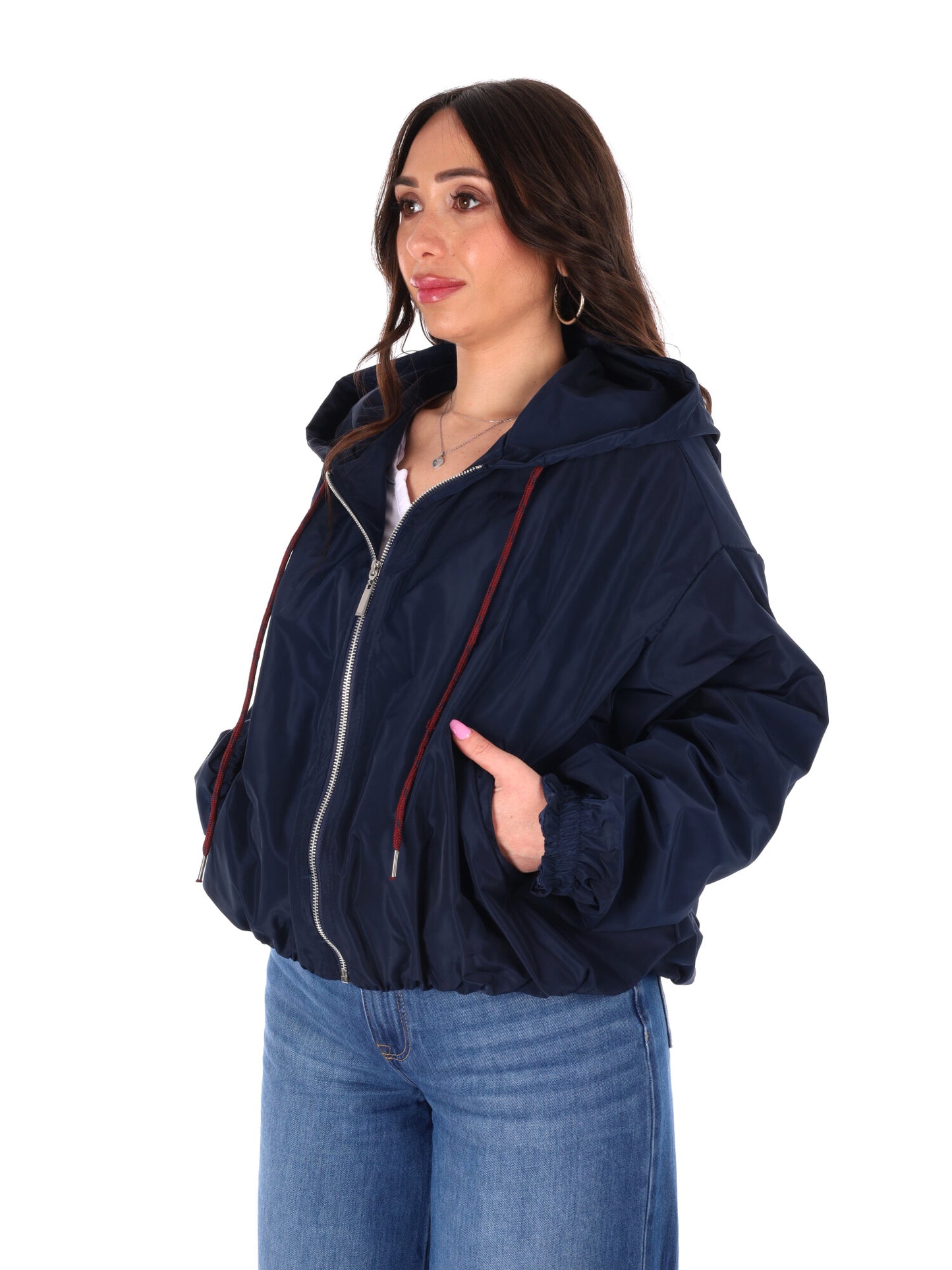Giubbino cropped blu con cappuccio Miss Love da donna