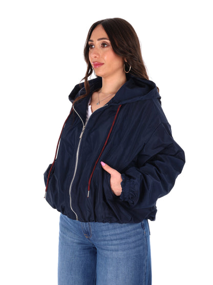 Giubbino cropped blu con cappuccio Miss Love da donna