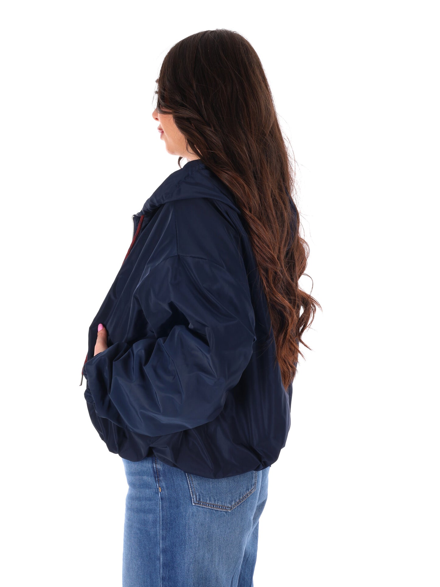 Giubbino cropped blu con cappuccio Miss Love da donna