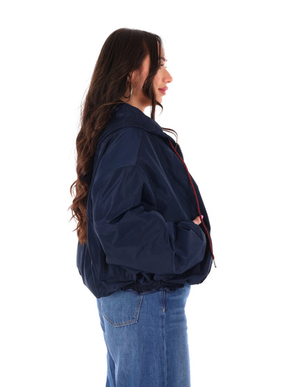 Giubbino cropped blu con cappuccio Miss Love da donna