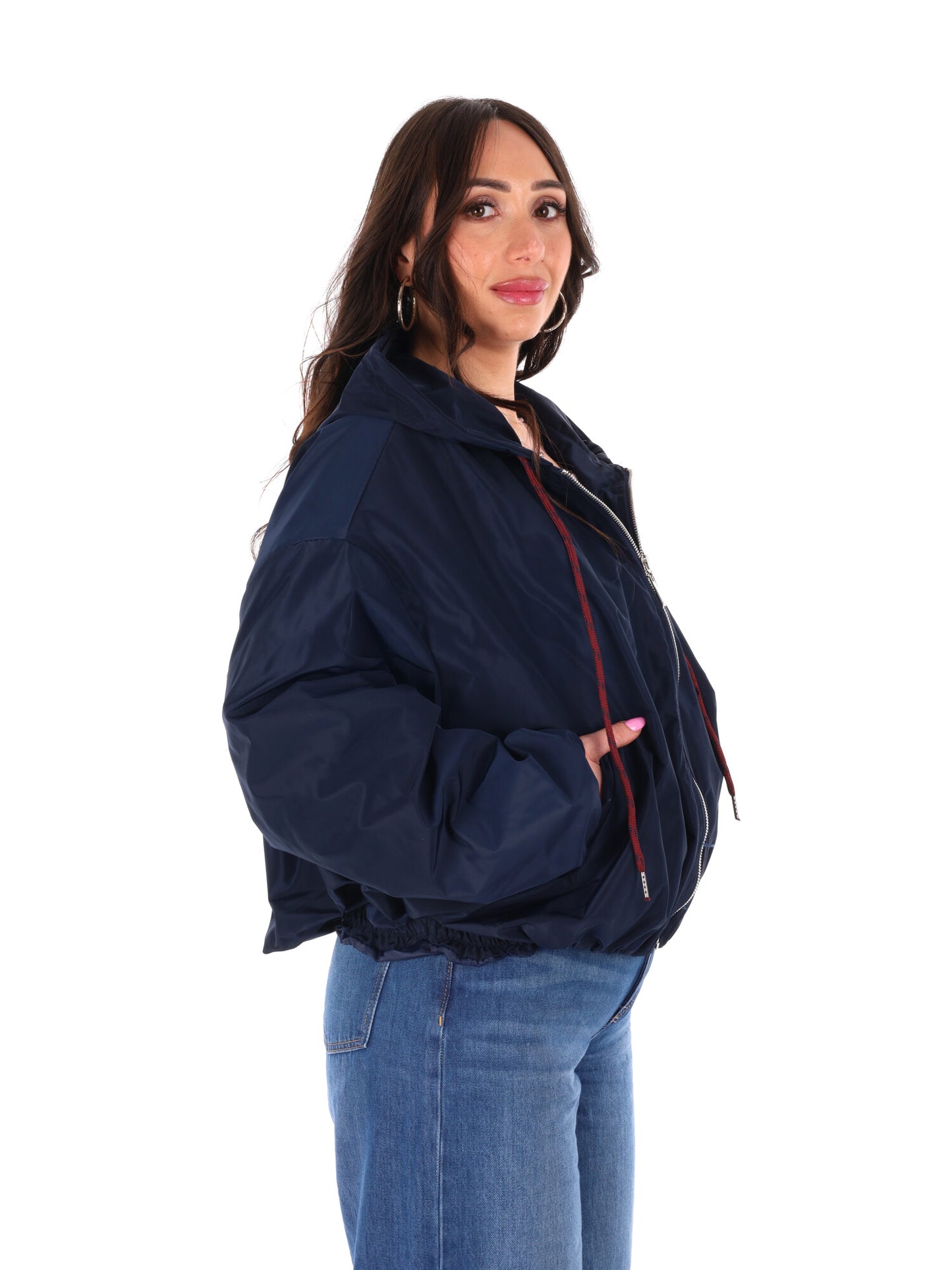 Giubbino cropped blu con cappuccio Miss Love da donna