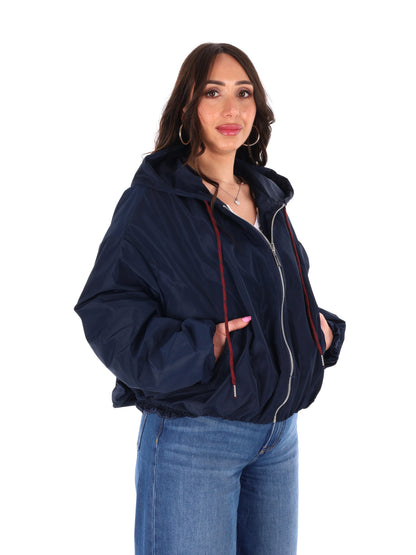 Giubbino cropped blu con cappuccio Miss Love da donna
