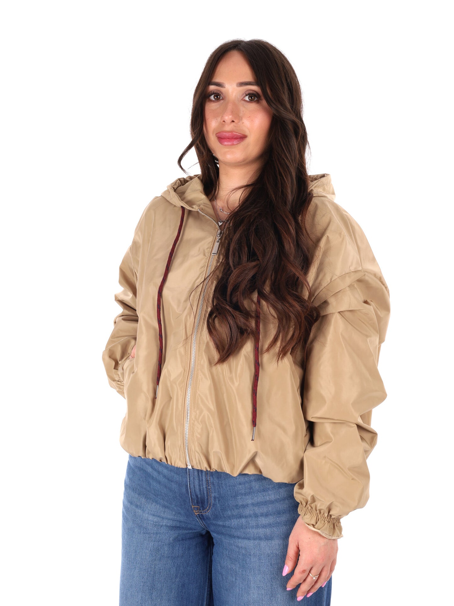Giubbino cropped beige con cappuccio Miss Love da donna