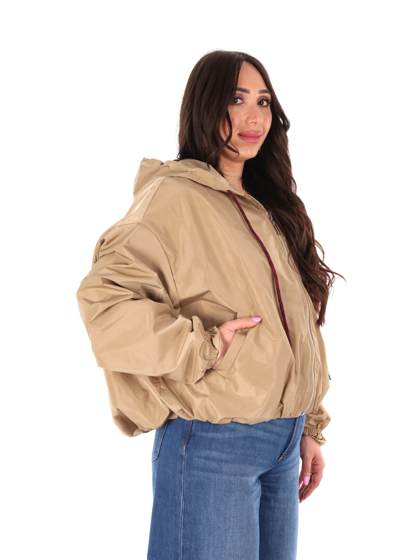 Giubbino cropped beige con cappuccio Miss Love da donna