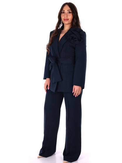 Tailleur elegante Miss Love da donna blu con spilla floreale