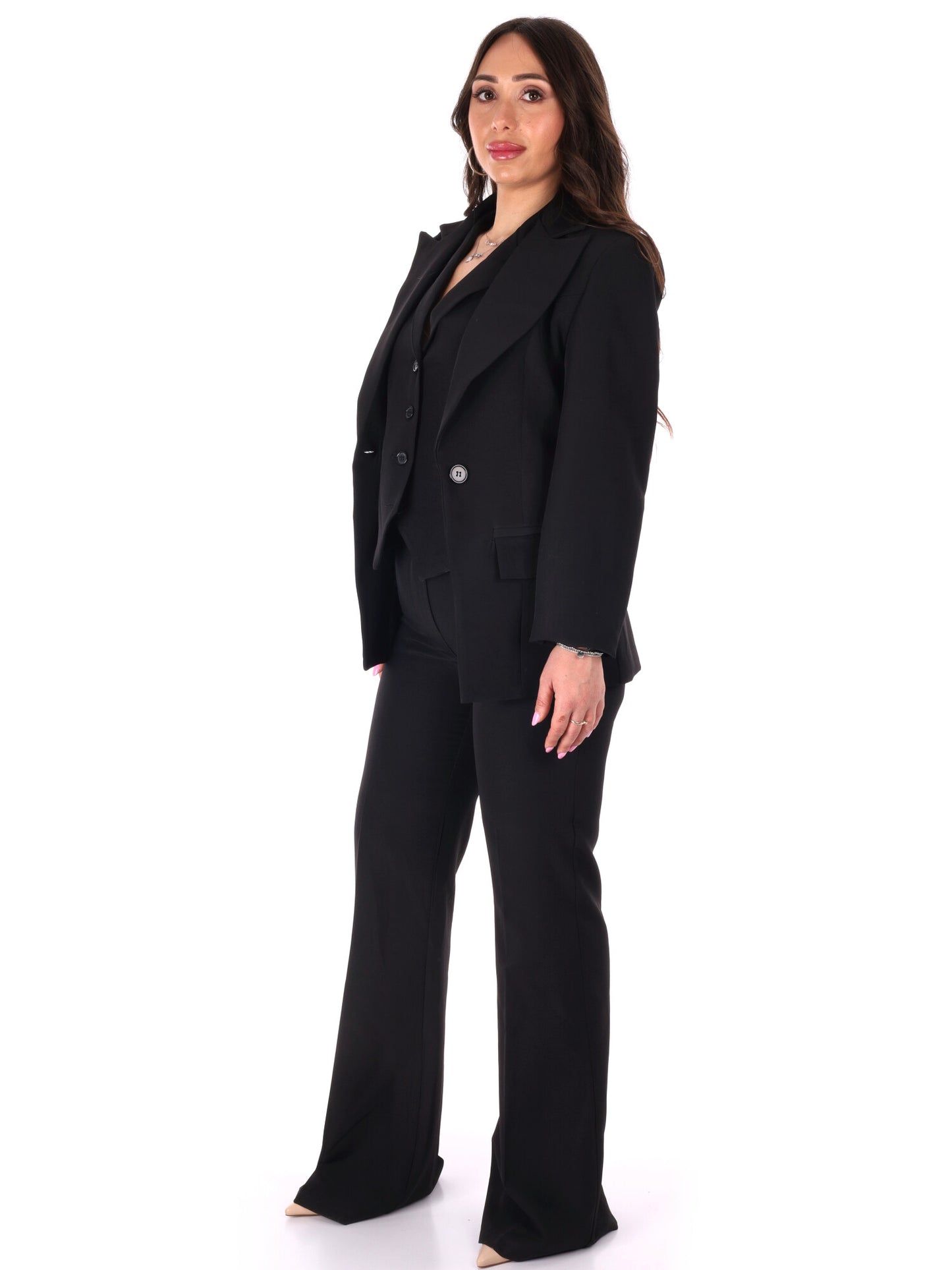 Elegante completo tailleur nero Miss Love da donna con vestibilità slim