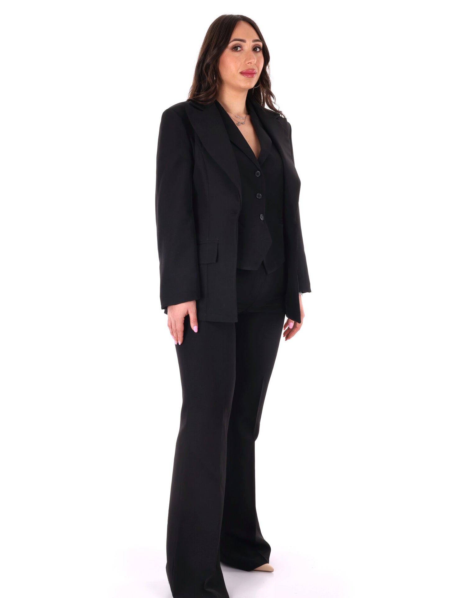 Elegante completo tailleur nero Miss Love da donna con vestibilità slim