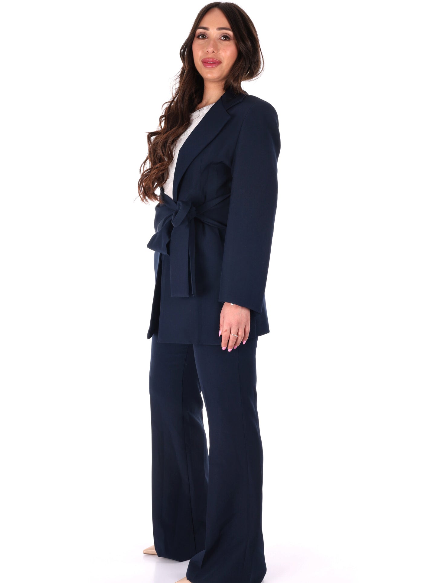 Completo tailleur blu con fiocco in vita elegante da donna Miss Love