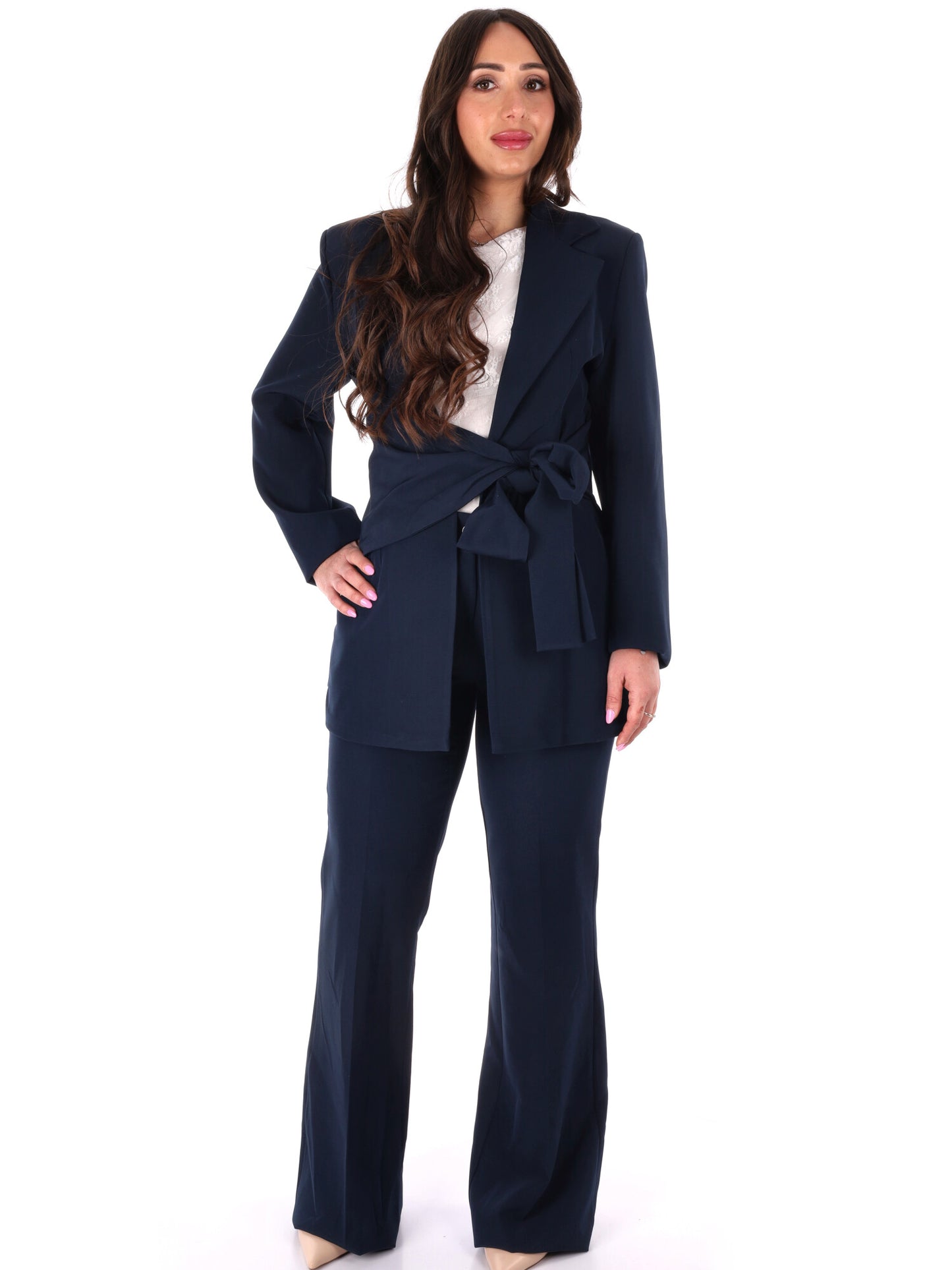 Completo tailleur blu con fiocco in vita elegante da donna Miss Love