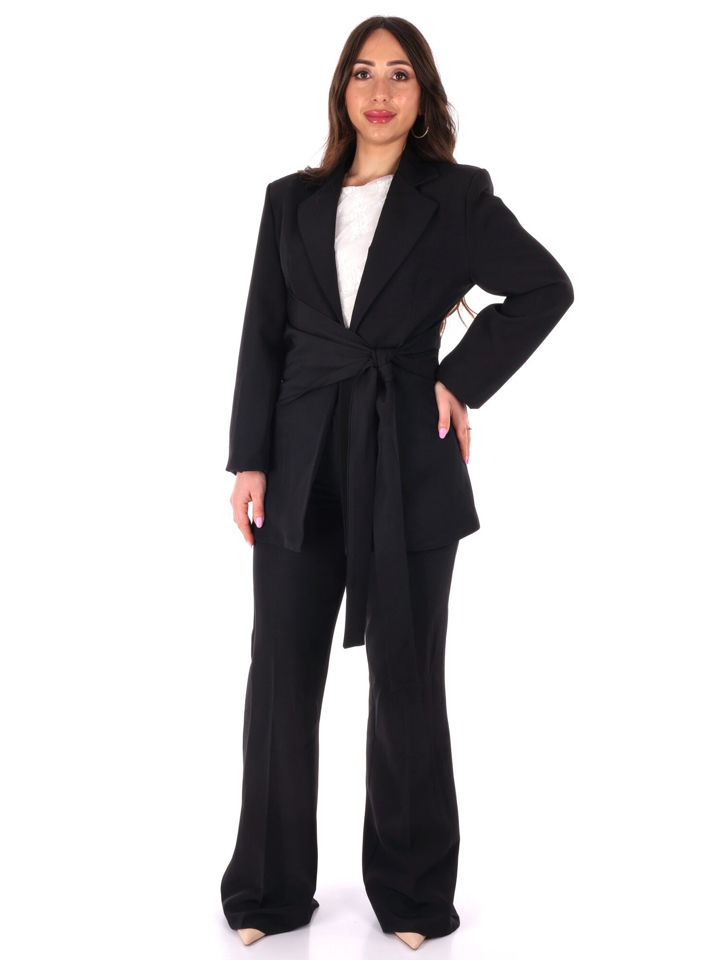 Completo elegante Miss Love da donna nero con fiocco in vita