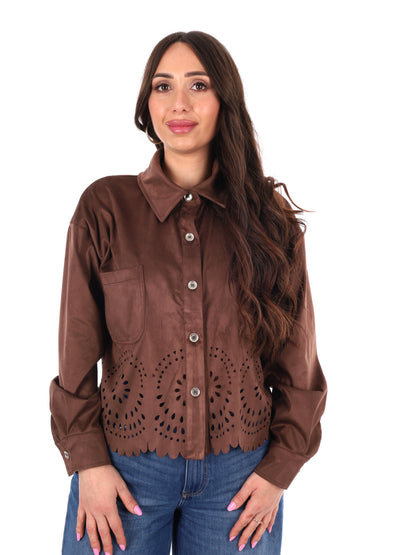 Giacca-camicia marrone in poliestere dal taglio loose per donna
