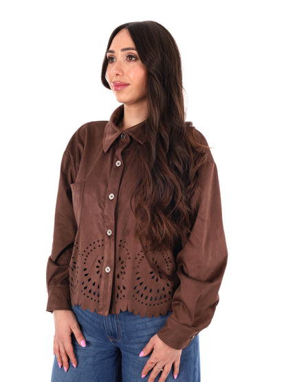 Giacca-camicia marrone in poliestere dal taglio loose per donna