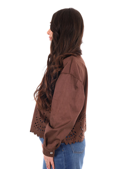 Giacca-camicia marrone in poliestere dal taglio loose per donna