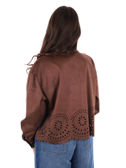 Giacca-camicia marrone in poliestere dal taglio loose per donna