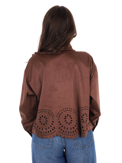 Giacca-camicia marrone in poliestere dal taglio loose per donna