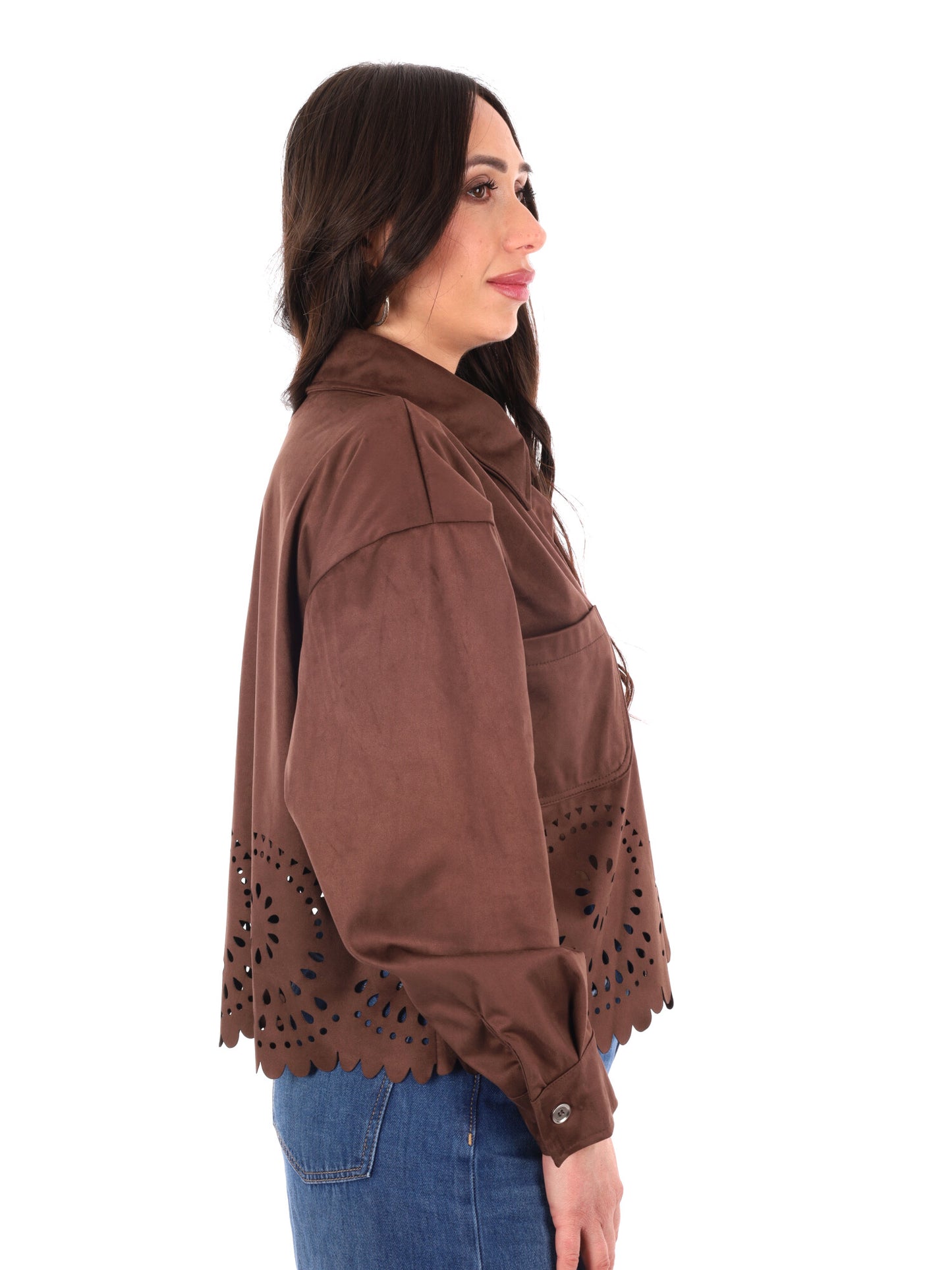 Giacca-camicia marrone in poliestere dal taglio loose per donna