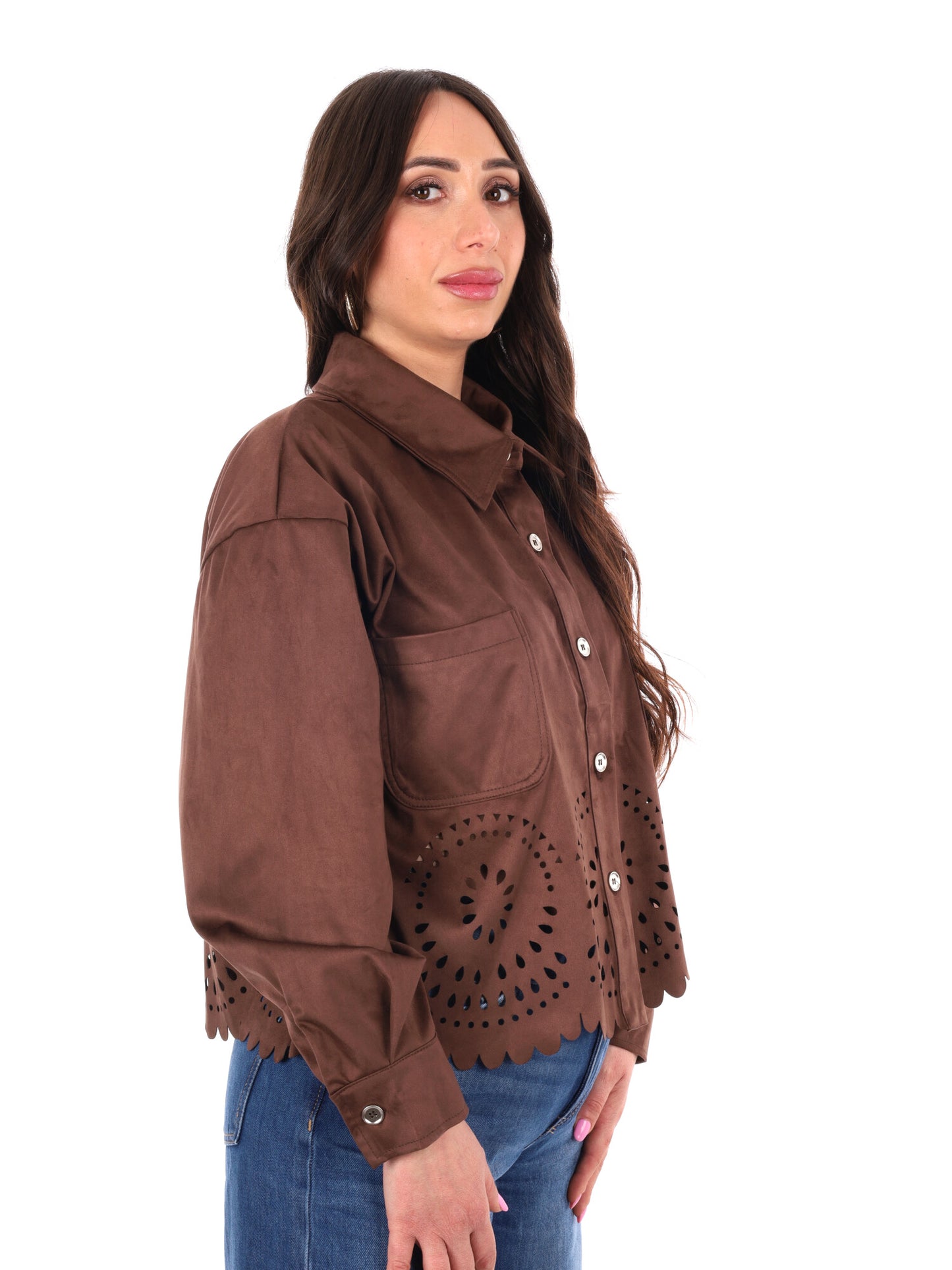 Giacca-camicia marrone in poliestere dal taglio loose per donna