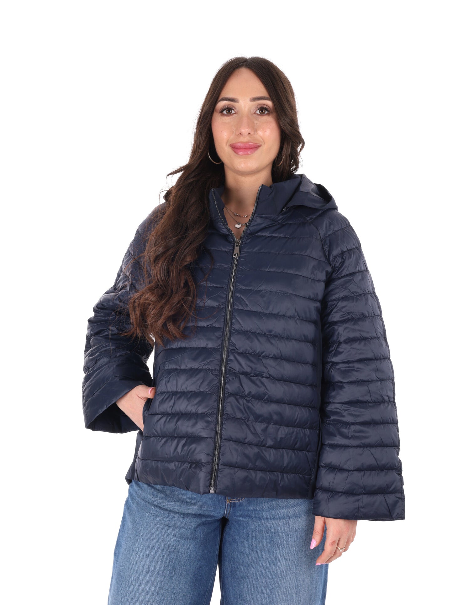 Giubbino leggero trapuntato blu con cappuccio da donna Miss Love