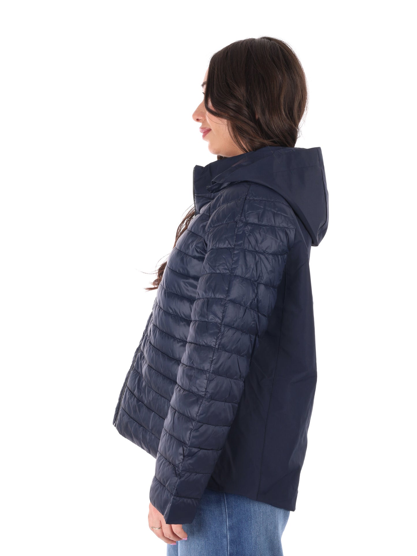 Giubbino leggero trapuntato blu con cappuccio da donna Miss Love