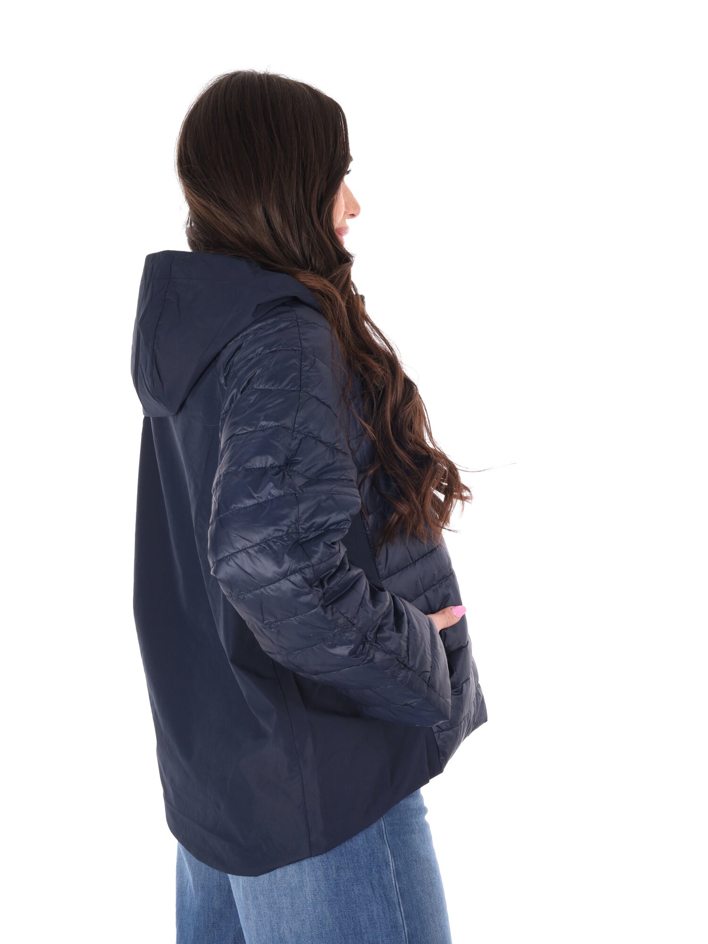 Giubbino leggero trapuntato blu con cappuccio da donna Miss Love