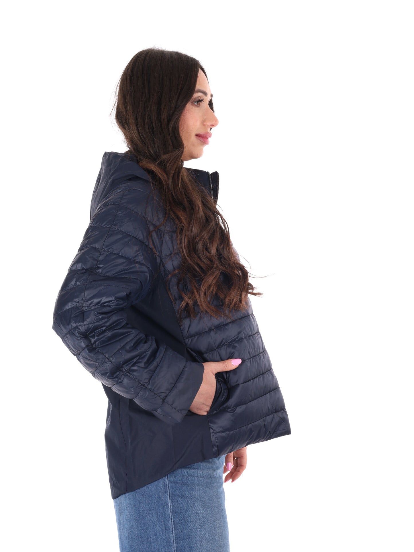 Giubbino leggero trapuntato blu con cappuccio da donna Miss Love