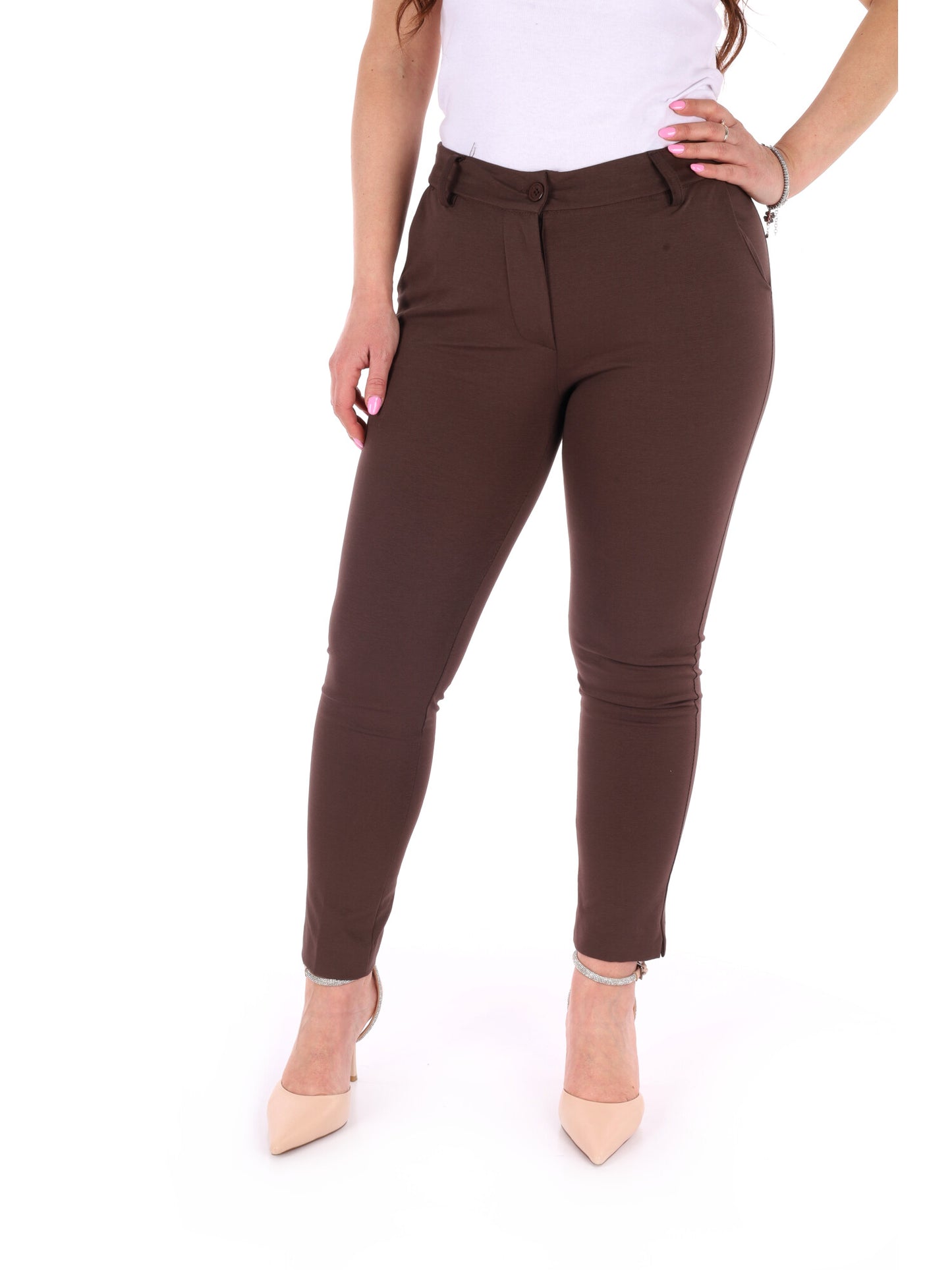 Pantaloni skinny da donna Miss Love in cotone marrone cioccolato