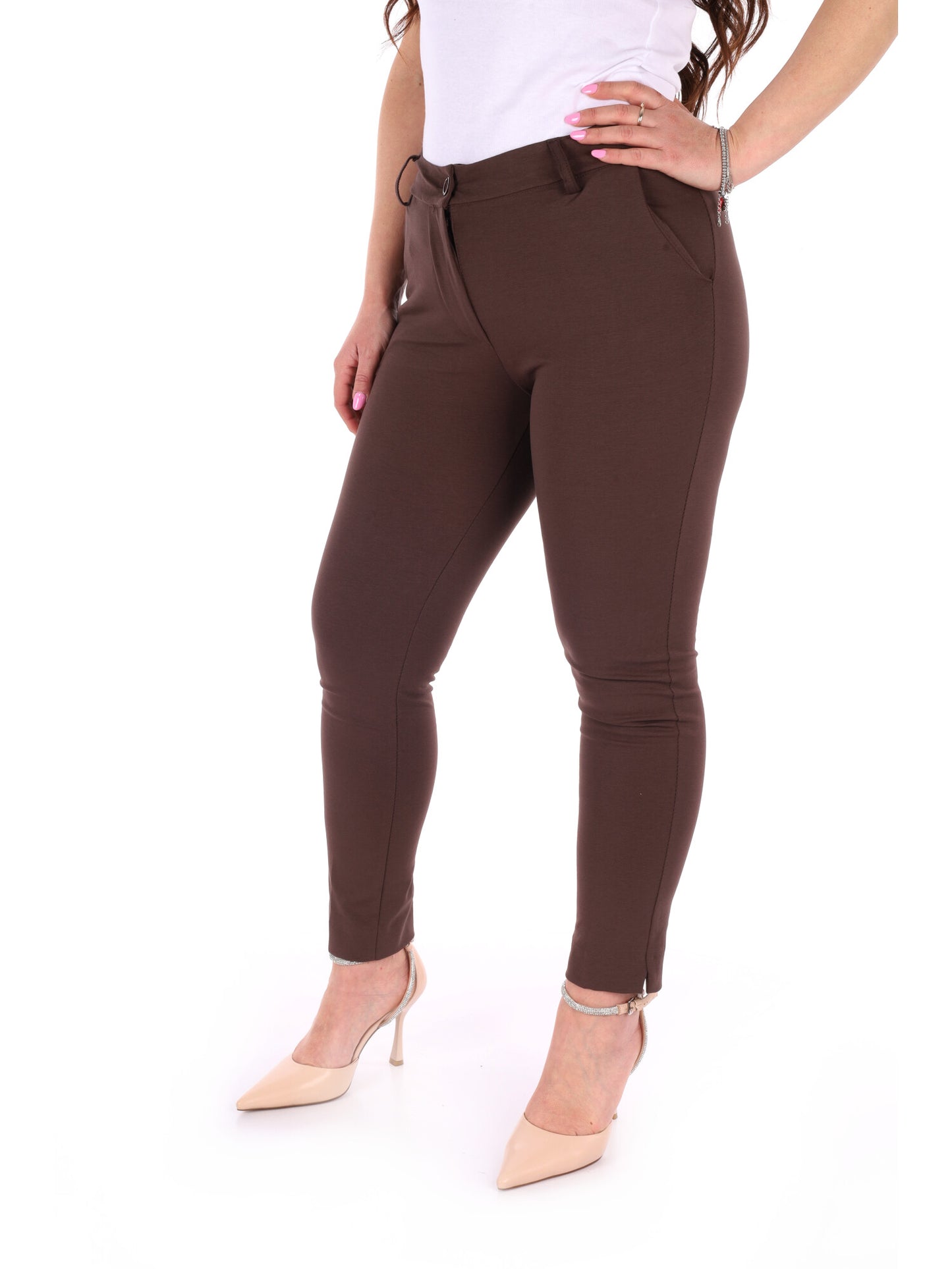 Pantaloni skinny da donna Miss Love in cotone marrone cioccolato