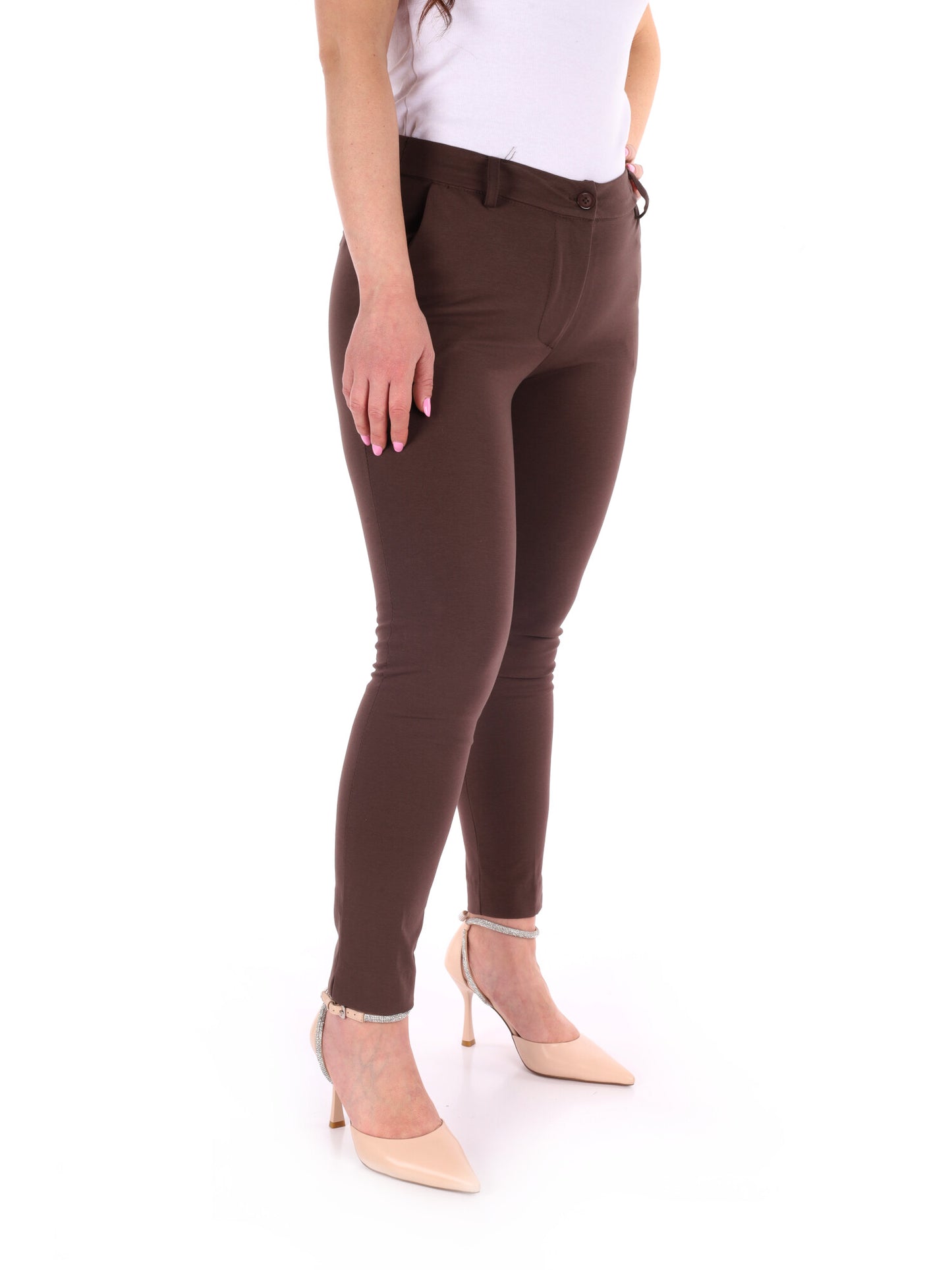 Pantaloni skinny da donna Miss Love in cotone marrone cioccolato