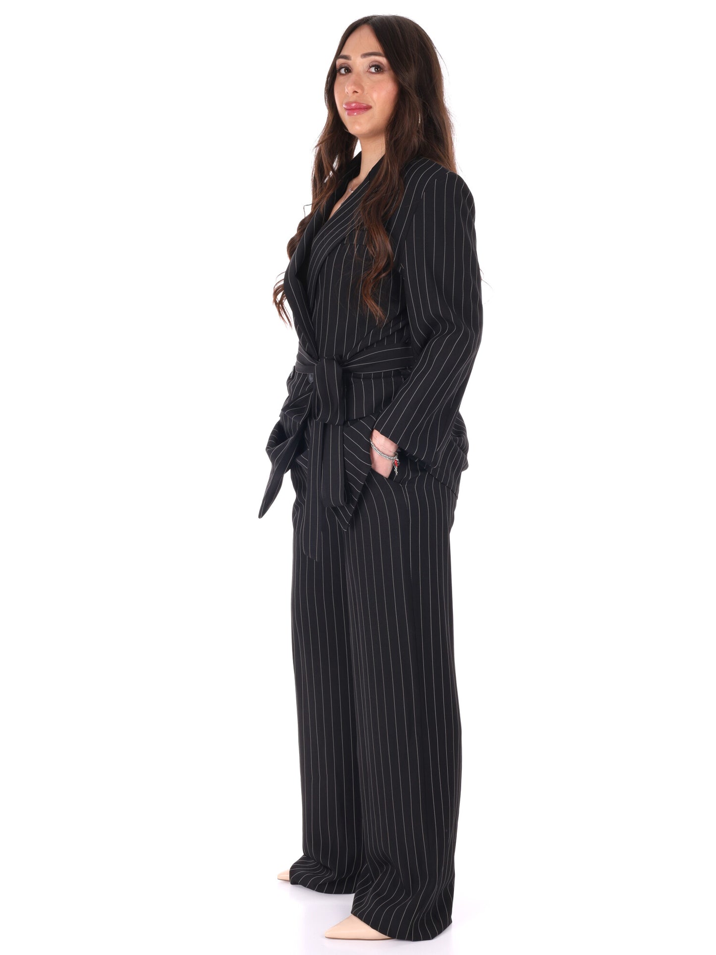 Completo tailleur nero gessato Miss Love elegante da donna
