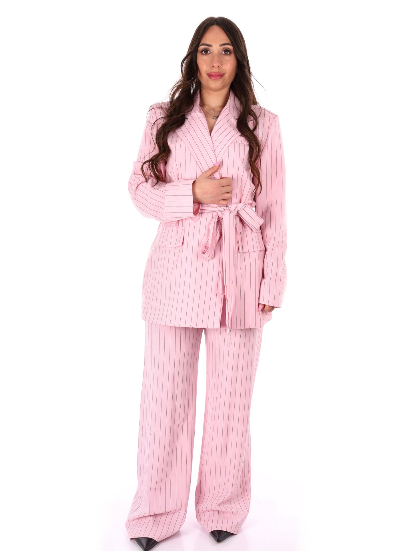 Completo tailleur rosa gessato elegante da donna Miss Love