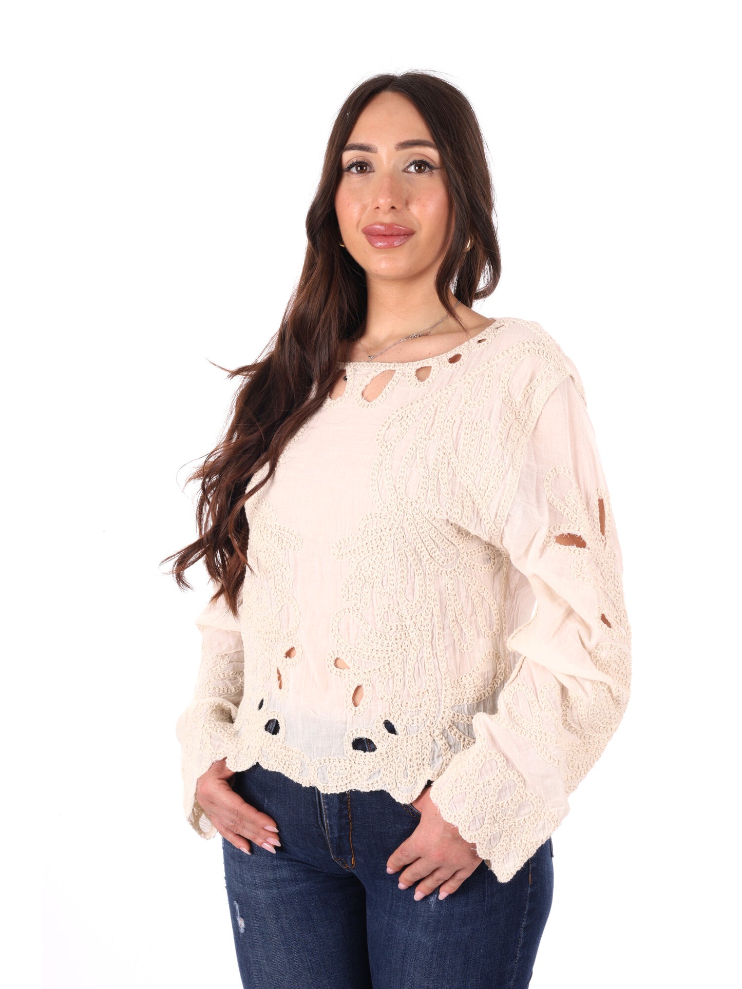 Miss Love blusa elegante beige senza maniche in pizzo da donna