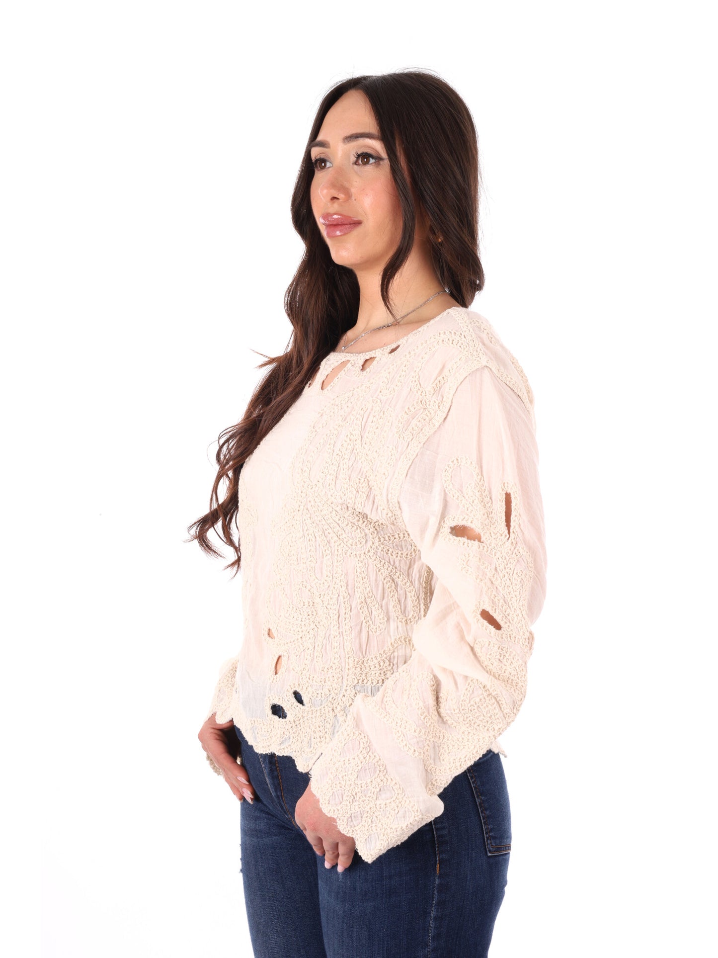 Miss Love blusa elegante beige senza maniche in pizzo da donna