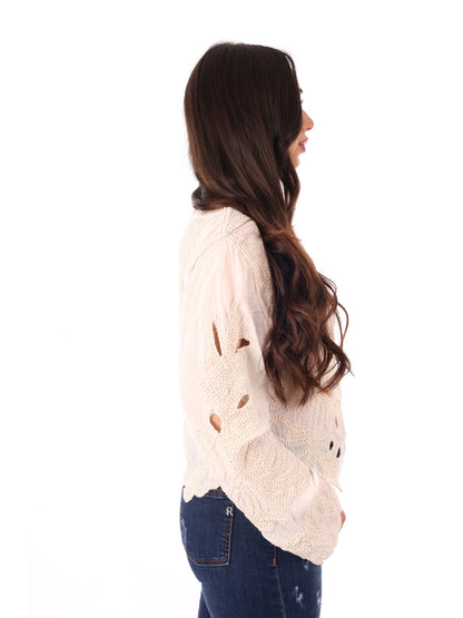 Miss Love blusa elegante beige senza maniche in pizzo da donna