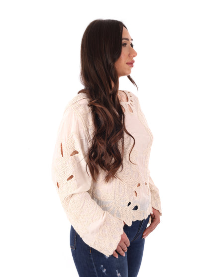 Miss Love blusa elegante beige senza maniche in pizzo da donna