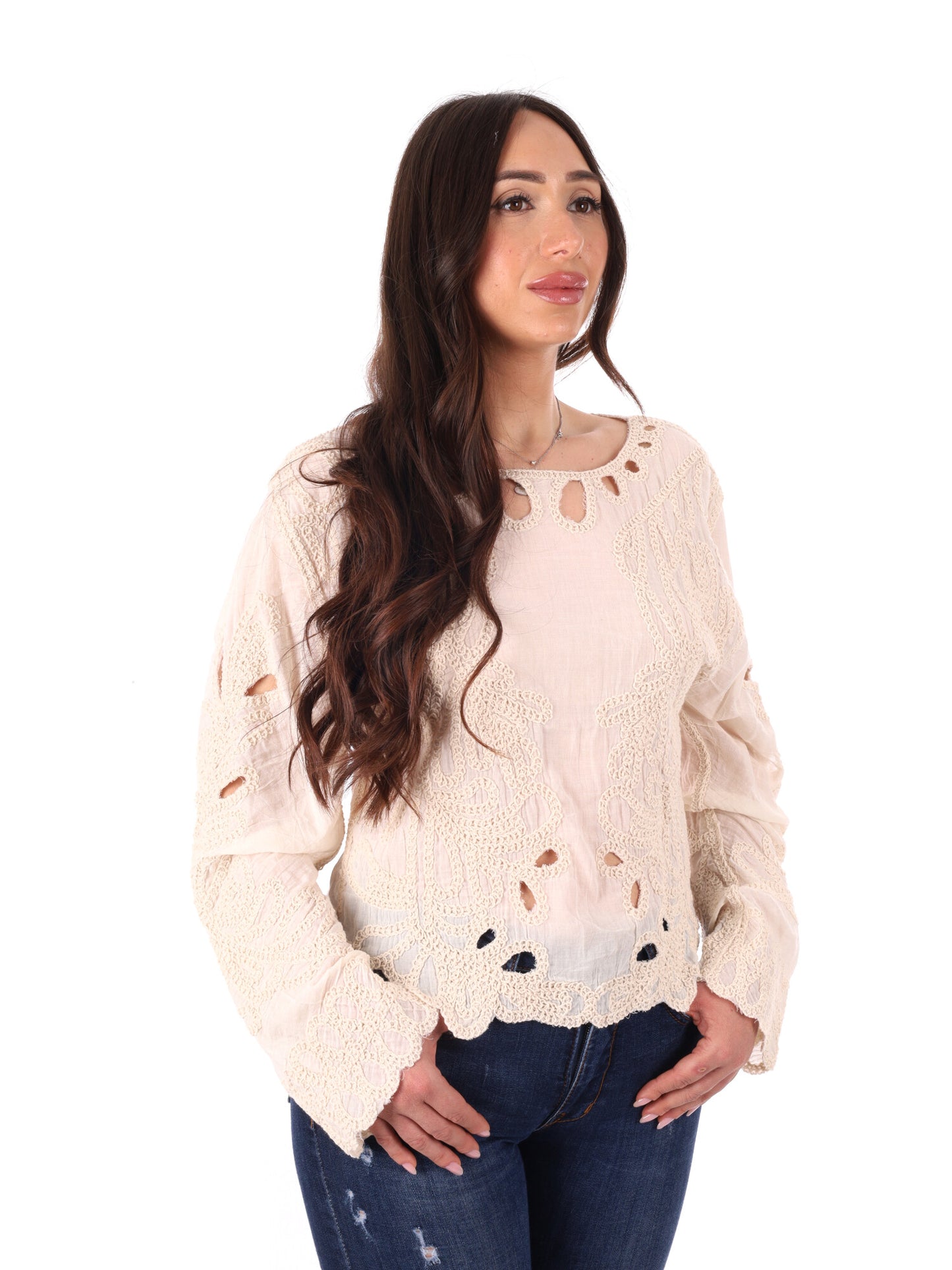 Miss Love blusa elegante beige senza maniche in pizzo da donna