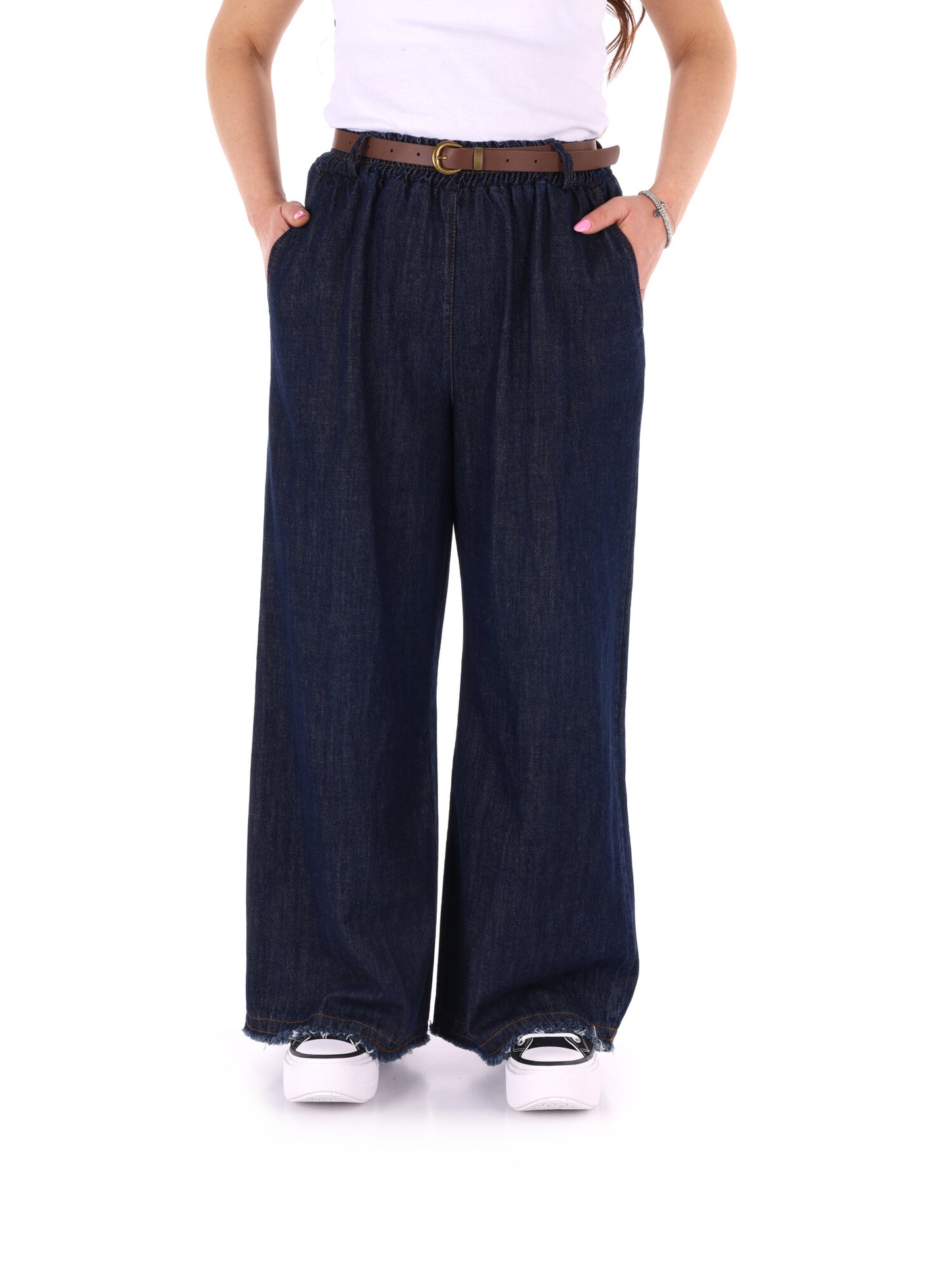 Jeans wide leg Miss Love da donna in denim con cintura