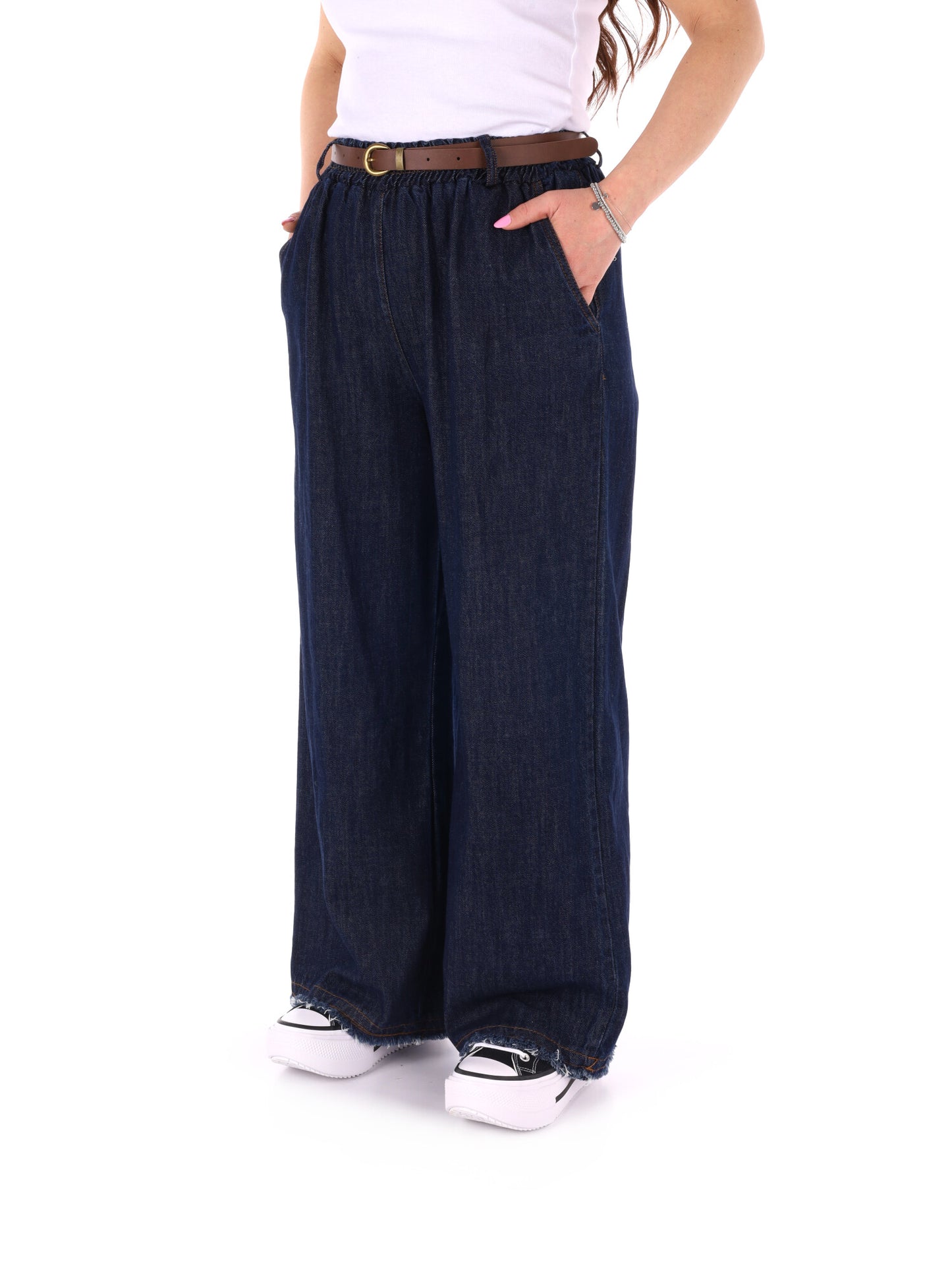 Jeans wide leg Miss Love da donna in denim con cintura