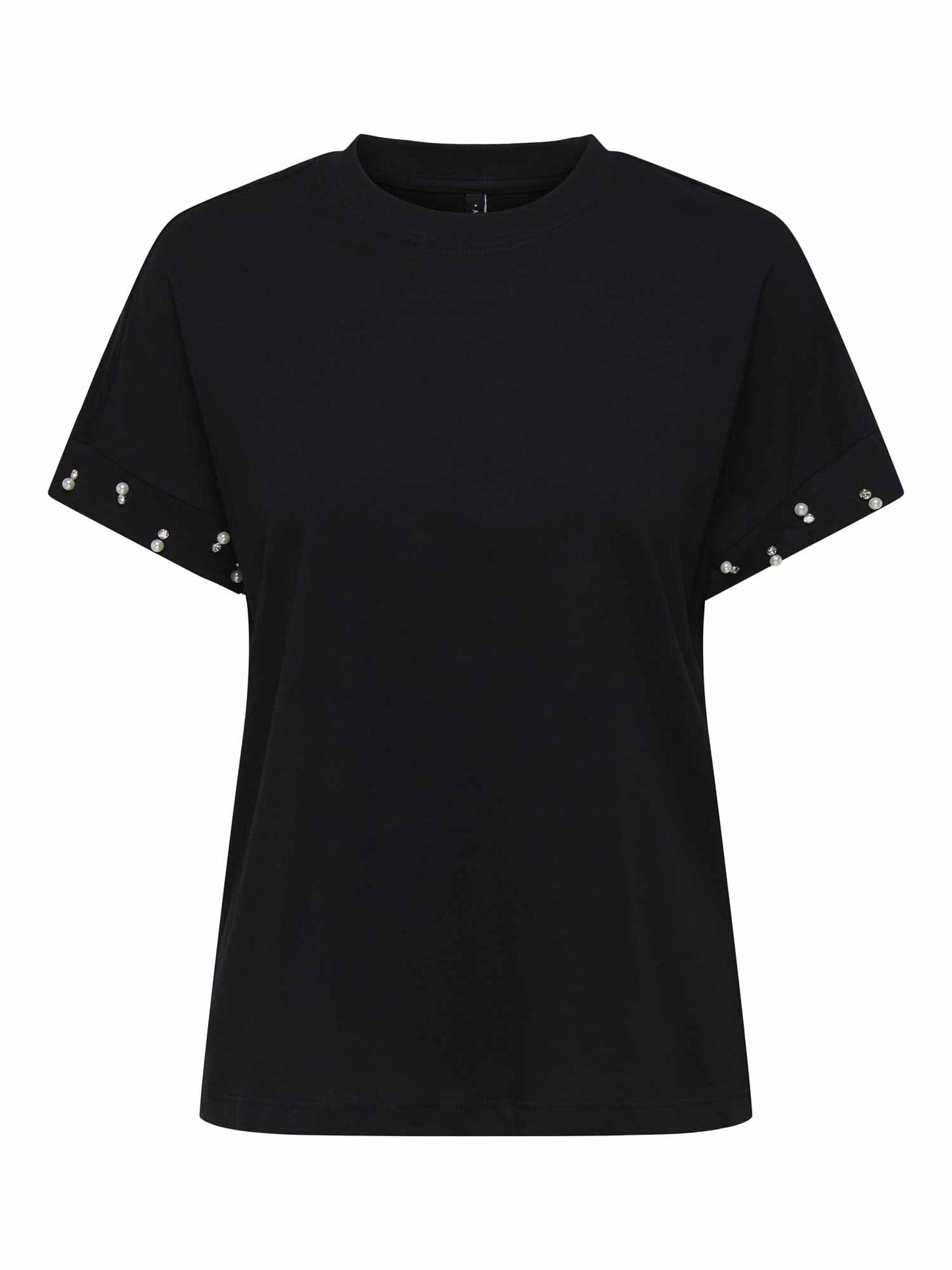 T-shirt Olivia Life da donna nera con perle in cotone