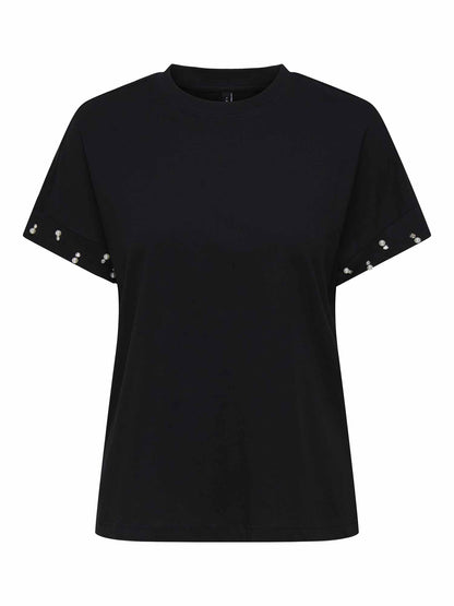 T-shirt Olivia Life da donna nera con perle in cotone
