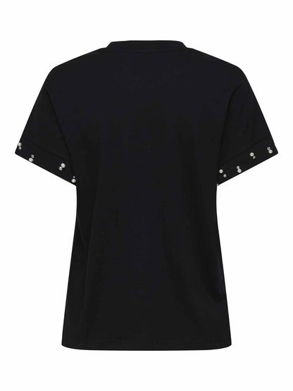 T-shirt Olivia Life da donna nera con perle in cotone