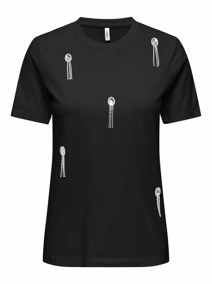 Only Onlifizza, t-shirt in cotone biologico nera con strass da donna