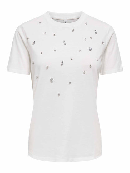 Only Sanja O-Neck Bling Top, t-shirt maniche corte da donna panna