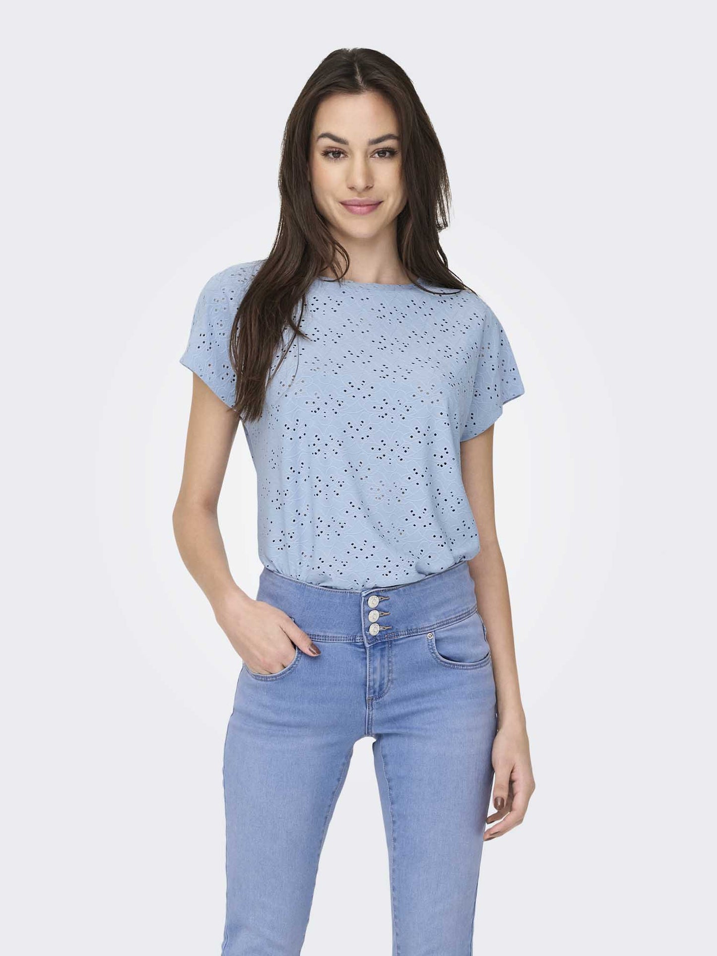 T-shirt maniche corte Only donna con dettagli in pizzo azzurra