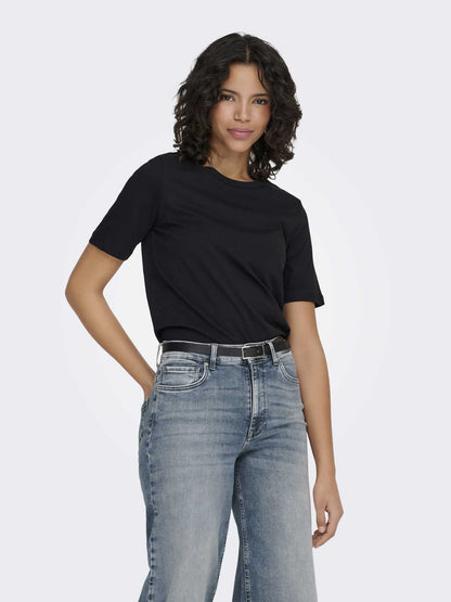 T-shirt nera da donna Only ONLONLY con maniche corte in cotone