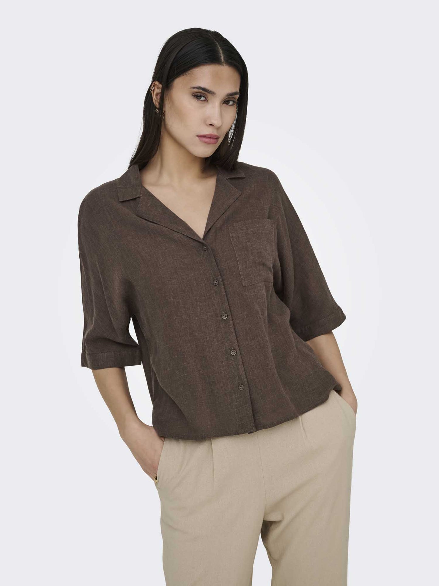 Camicia Only Bruxelles donna marrone in lino e viscosa