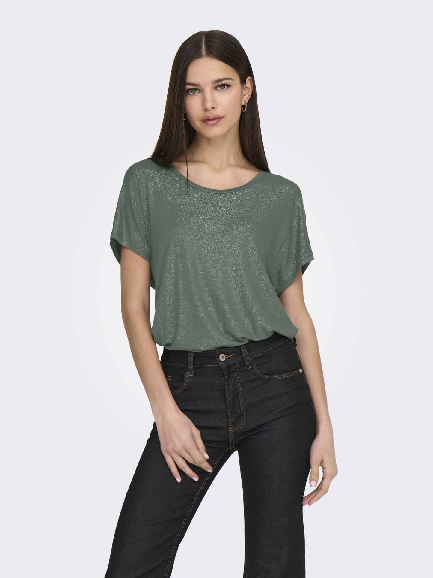 T-shirt donna Only Carrie Glitter verde con maniche corte