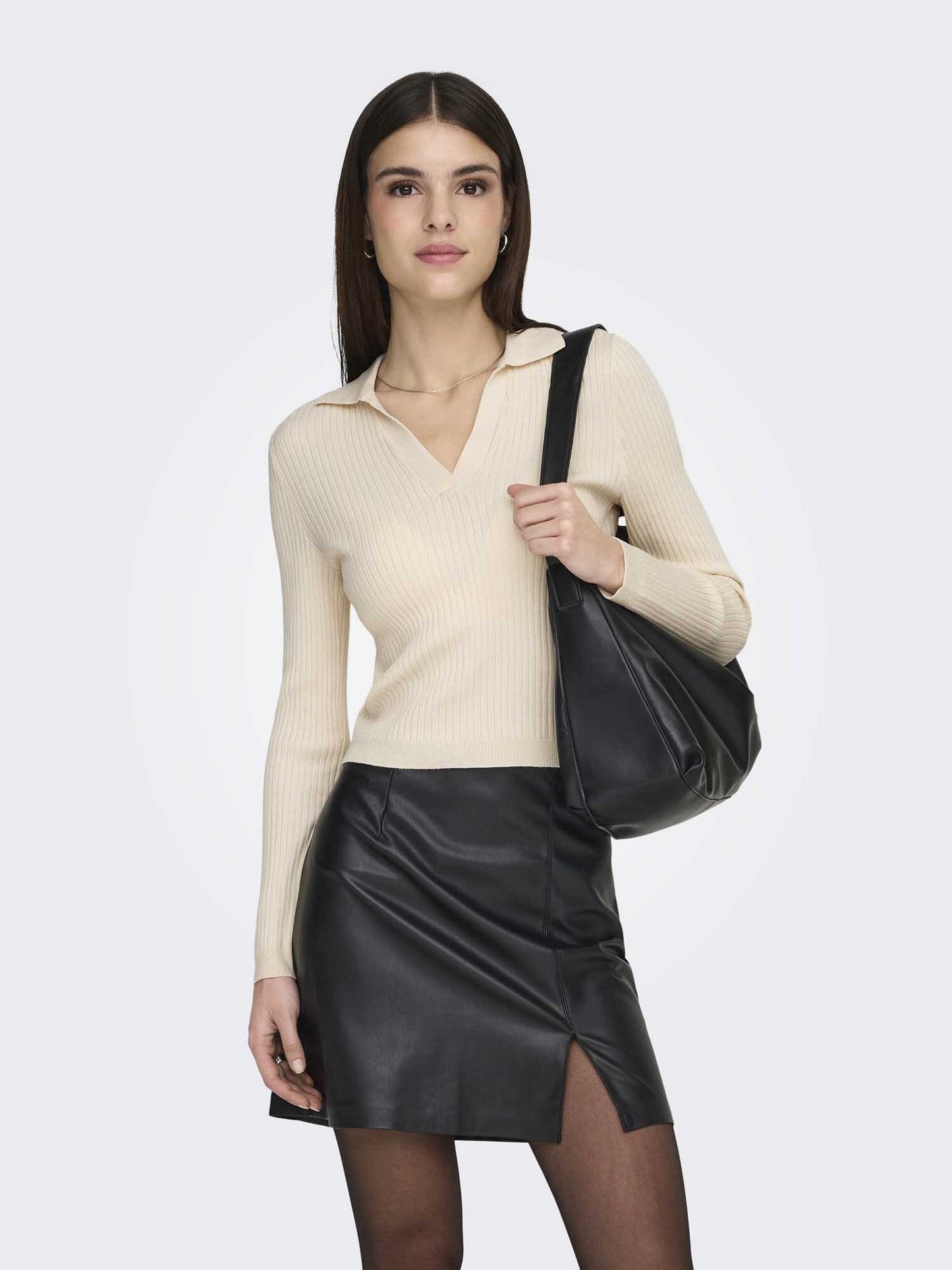 Only Onlkaya, maglione polo lavorato a maglia panna da donna
