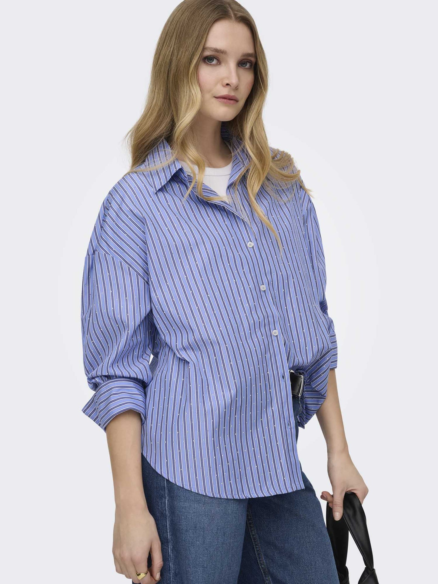 Camicia oversize Only Onloregon Alva in cotone blu con strass da donna