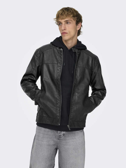 Only & Sons Onsmike, giubbotto casual da uomo nero con zip e bottoni